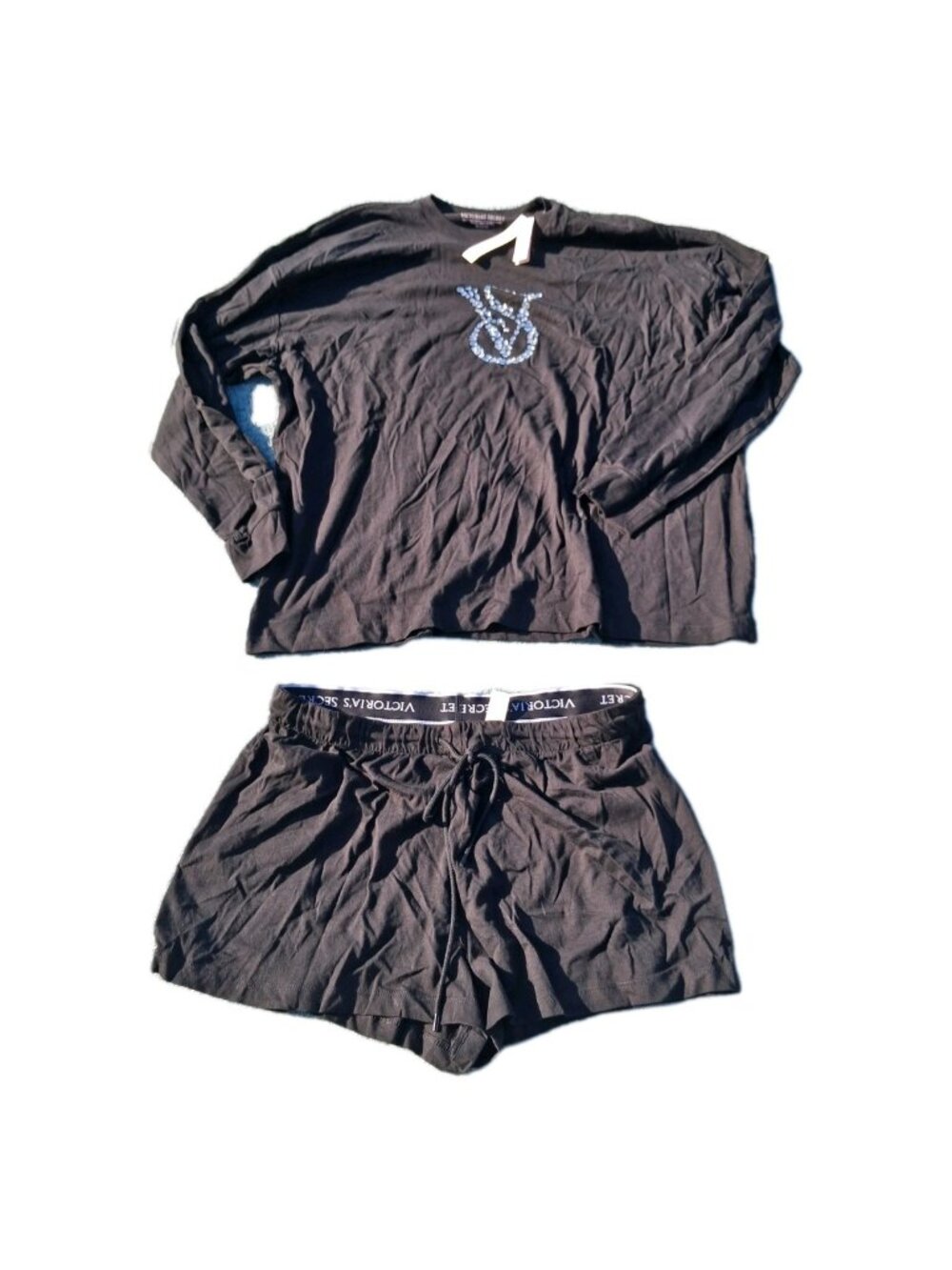 Victoria Secret Pajama Set Top & Bottom T Shirt Shorts Black Bling Sleepwear Med